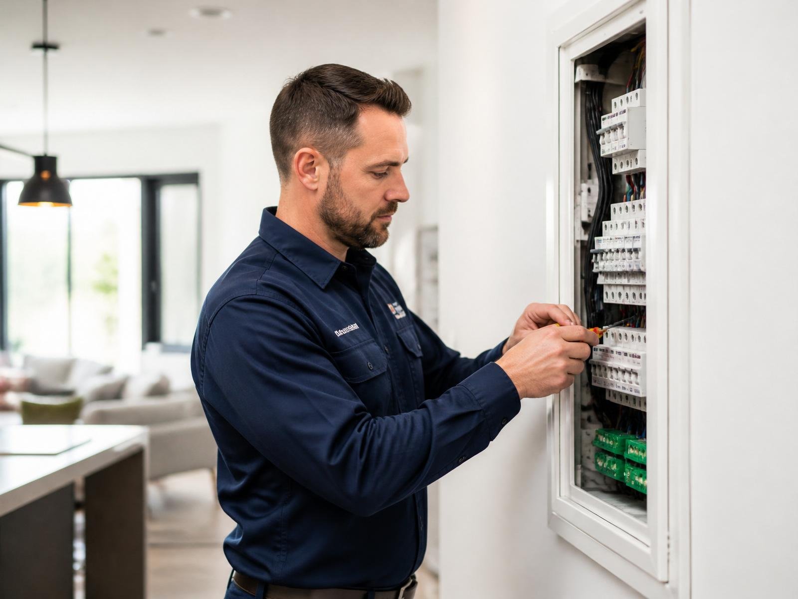 Professional electrician installing a modern consumer unit in a bright home